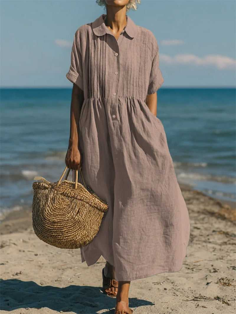 Women's Pleated Collared Maxi Dress in dusty pink, Relaxed Fit