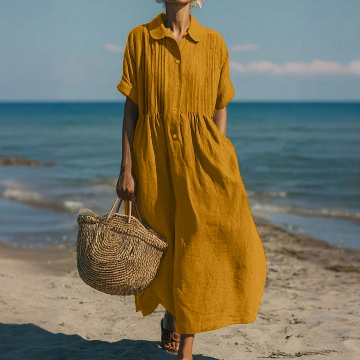 Women's Pleated Collared Maxi Dress in orange, Relaxed Fit