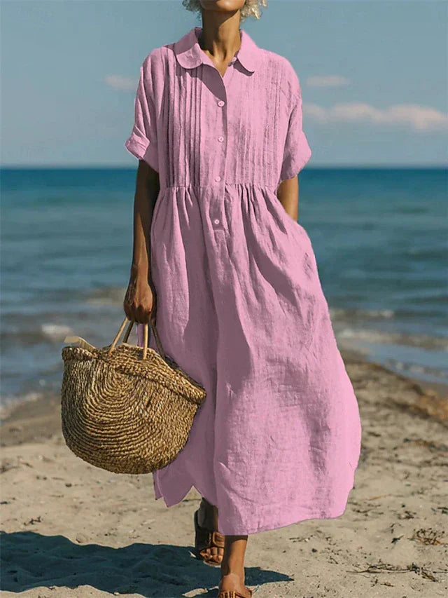Women's Pleated Collared Maxi Dress in pink, Relaxed Fit