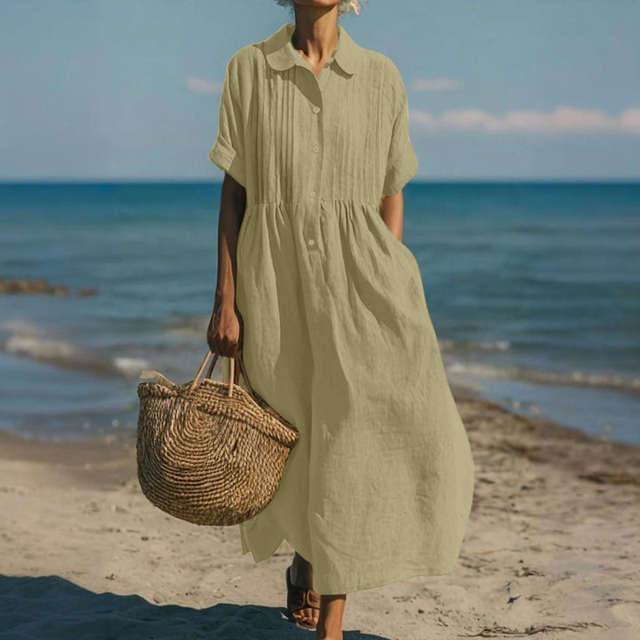 Women's Pleated Collared Maxi Dress in sage green, Relaxed Fit
