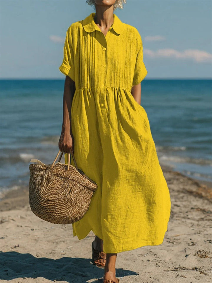 Women's Pleated Collared Maxi Dress in yellow, Relaxed Fit