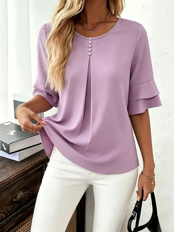 Women's Pleated Flared-Sleeve Blouse - Elegant Everyday