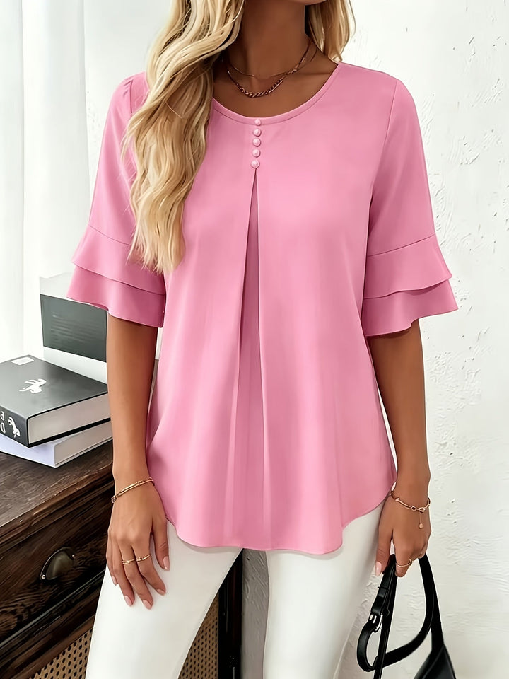 Women's Pleated Flared-Sleeve Blouse - Elegant Everyday
