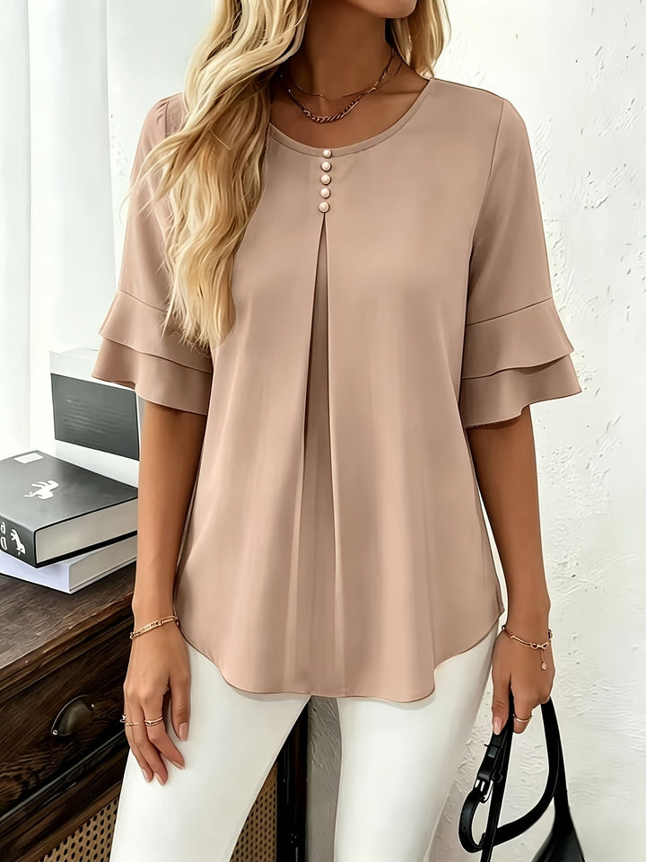 Women's Pleated Flared-Sleeve Blouse - Elegant Everyday