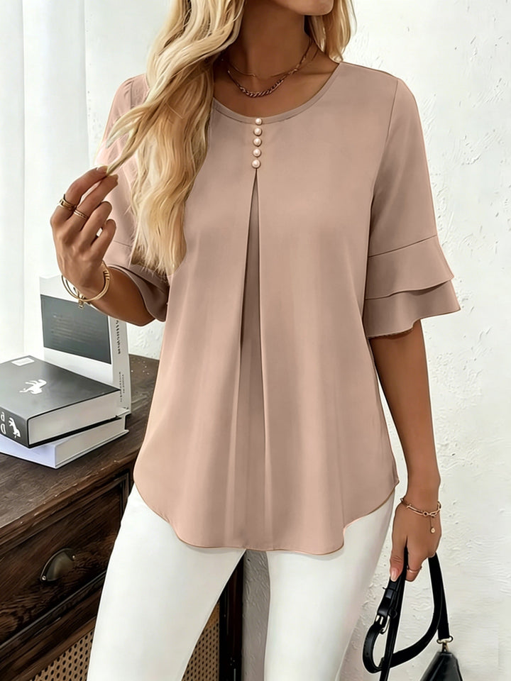 Women's Pleated Flared-Sleeve Blouse in khaki, Elegant Everyday