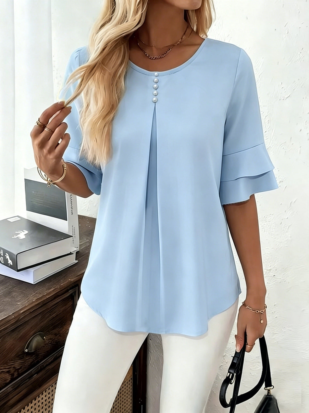 Women's Pleated Flared-Sleeve Blouse in light blue, Elegant Everyday