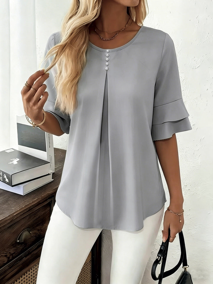 Women's Pleated Flared-Sleeve Blouse in light grey, Elegant Everyday