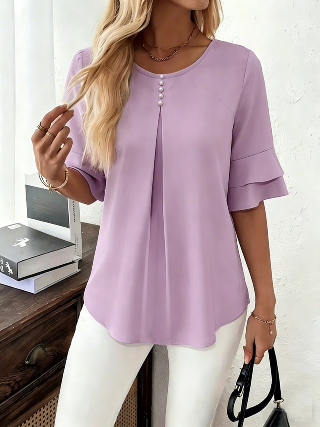 Women's Pleated Flared-Sleeve Blouse in light purple, Elegant Everyday