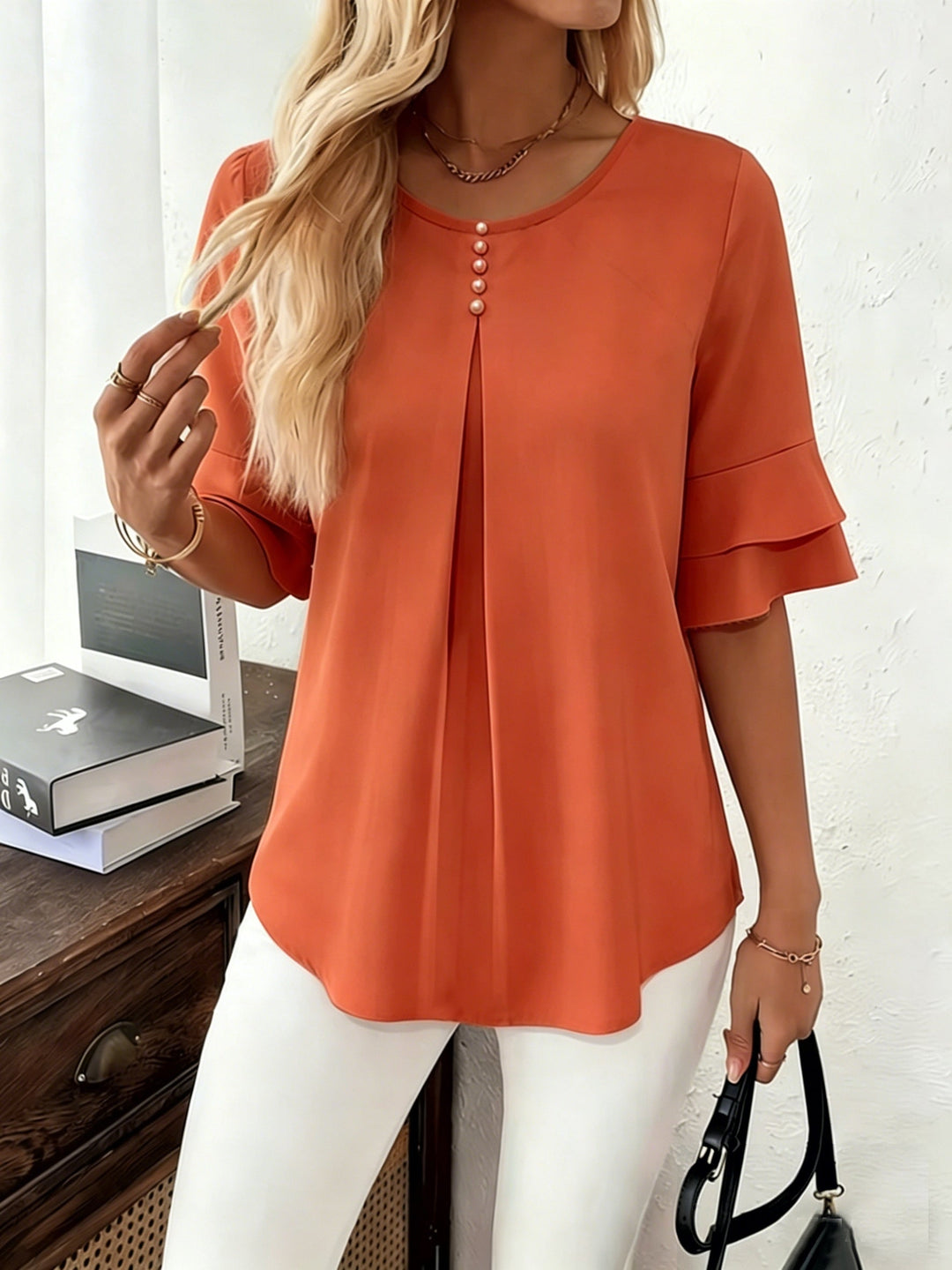 Women's Pleated Flared-Sleeve Blouse in orange-red, Elegant Everyday