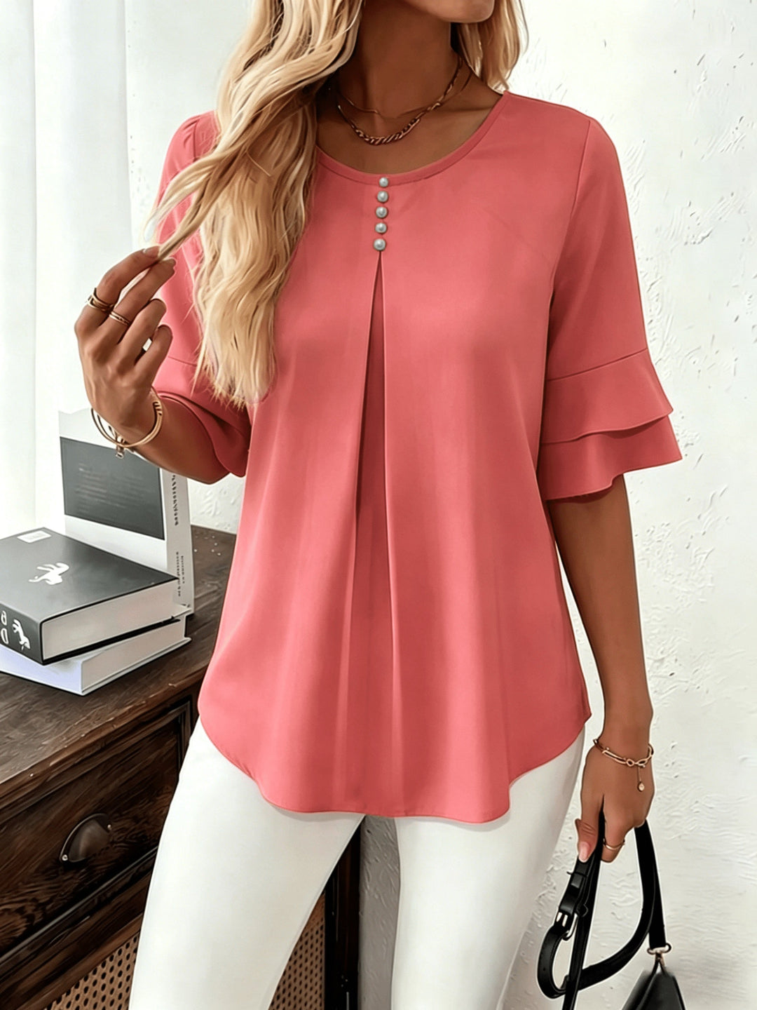 Women's Pleated Flared-Sleeve Blouse in watermelon red, Elegant Everyday