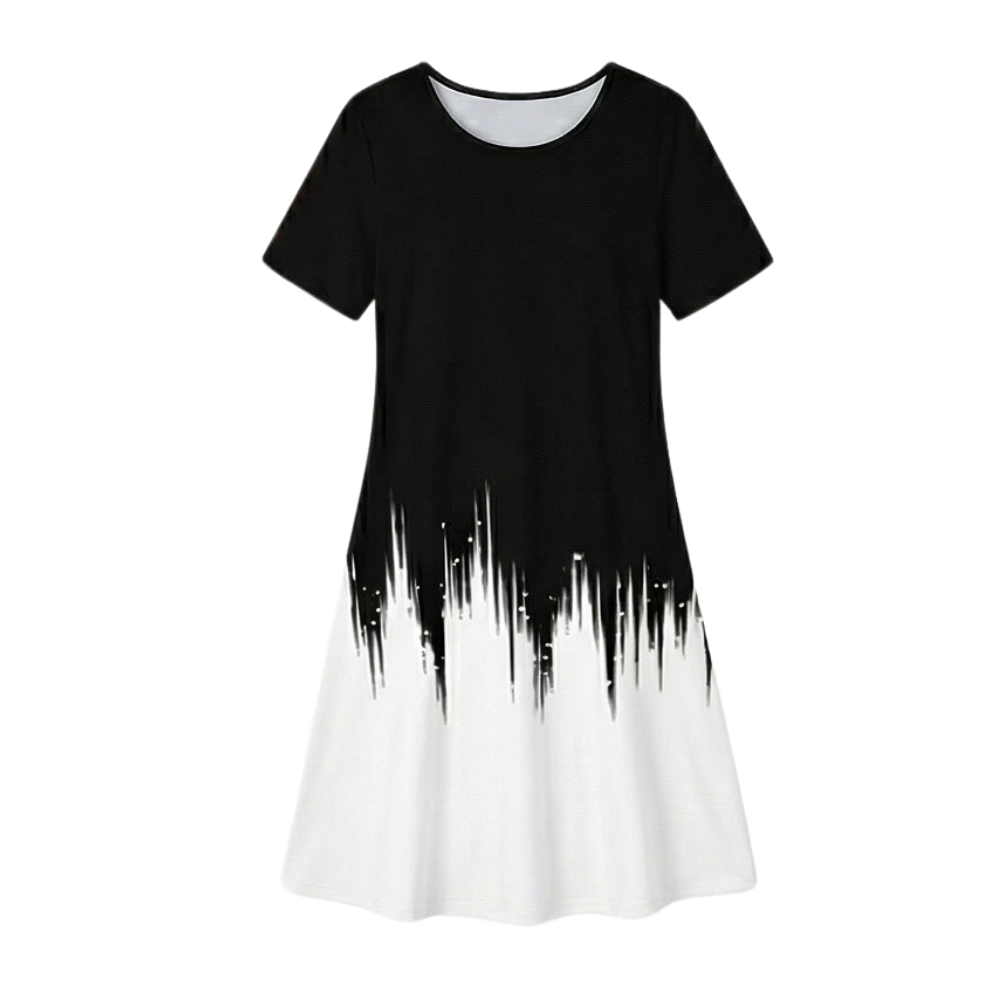 Women's Pleated Gradient Print Dress - Short Sleeve - Black Drip