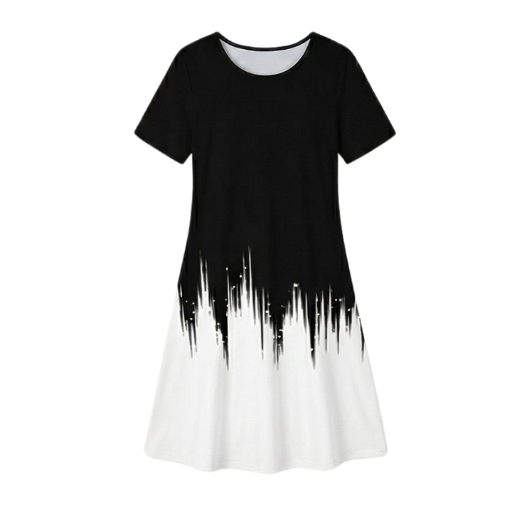 Women's Pleated Gradient Print Dress - Short Sleeve - Black Drip