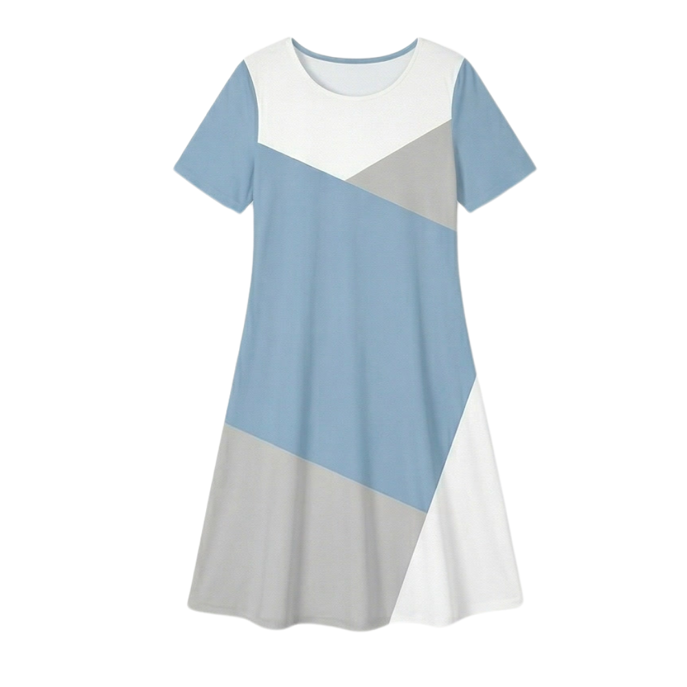 Women's Pleated Gradient Print Dress - Short Sleeve - Blue Colorblock