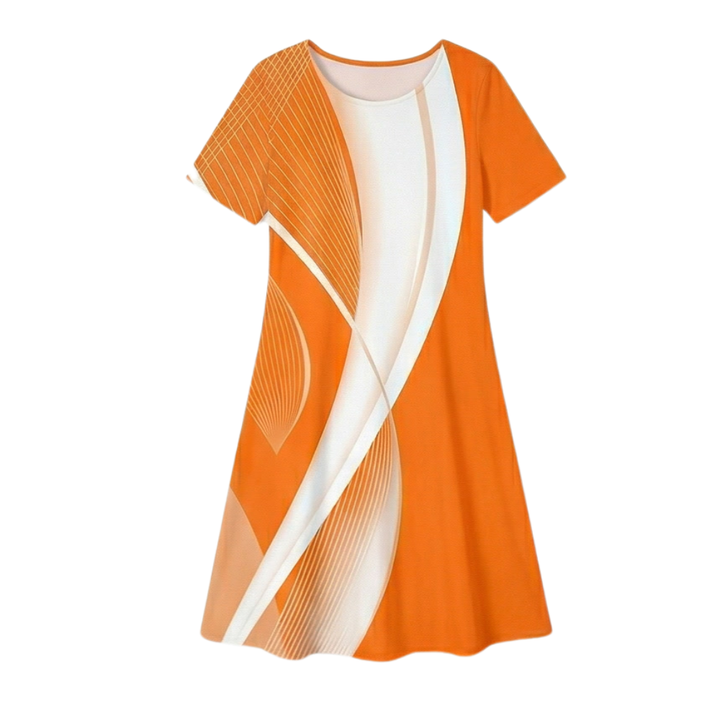 Women's Pleated Gradient Print Dress - Short Sleeve - Orange Wave