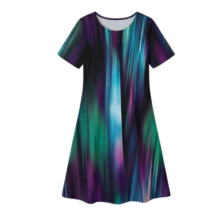 Women's Pleated Gradient Print Dress - Short Sleeve - Teal Aurora