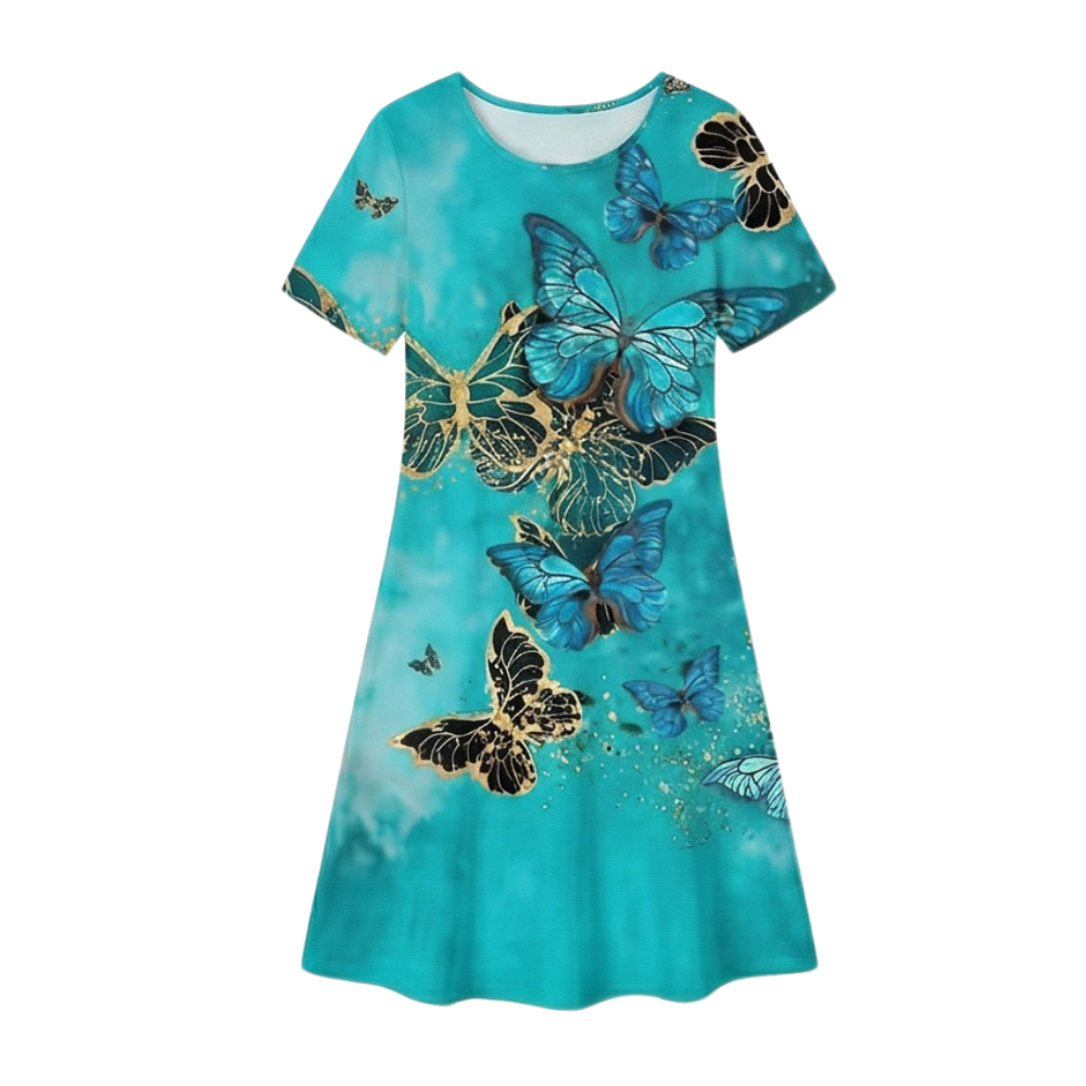Women's Pleated Gradient Print Dress - Short Sleeve - Turquoise Butterfly