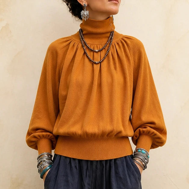 Women's Pleated Shoulder Lantern Sleeve Sweater - Relaxed Fit