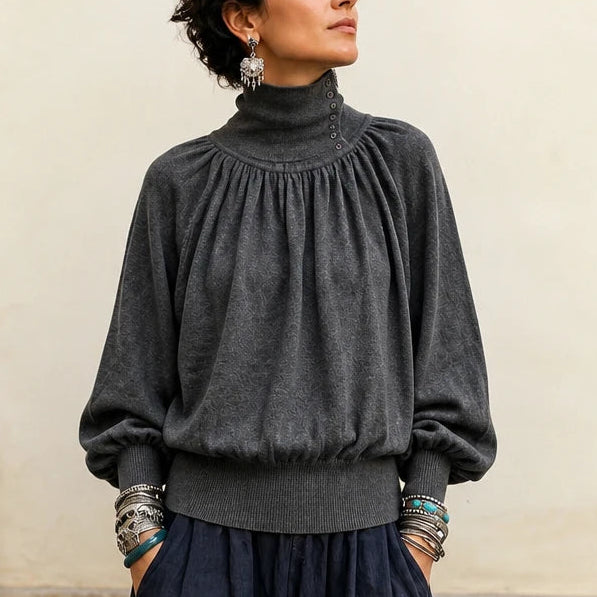 Women's Pleated Shoulder Lantern Sleeve Sweater in grey, Relaxed Fit
