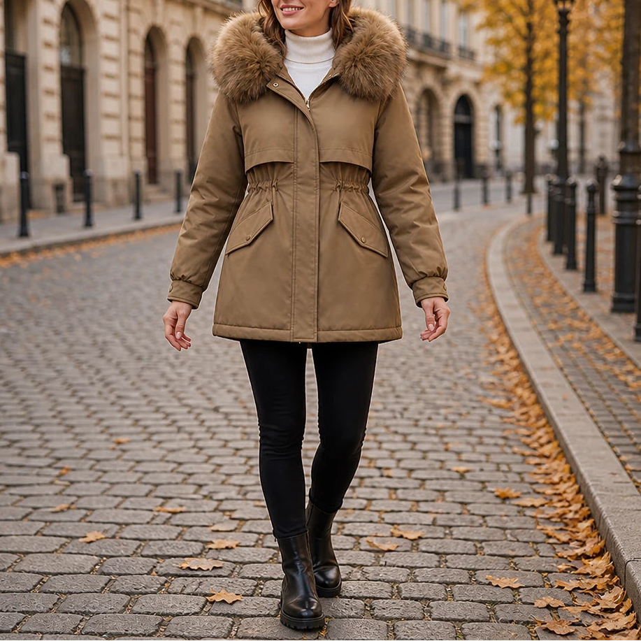 Women's Plush-Lined Mid-Length Parka – Slim Fit - Coffee