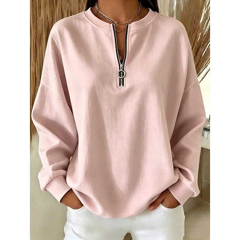 Women's Quarter-Zip High-Neck Sweatshirt in pink, Relaxed Comfort