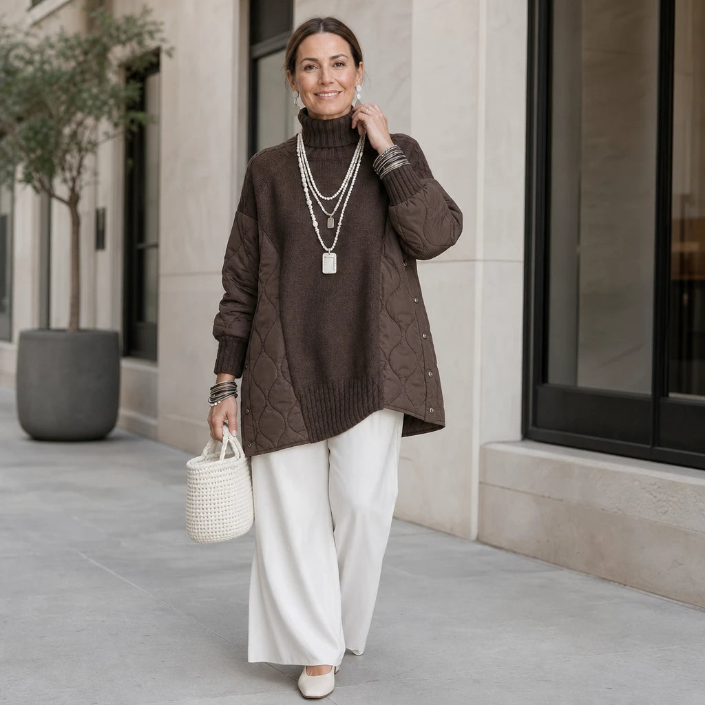 Women's Quilted Panel Turtleneck Pullover - Relaxed Fit