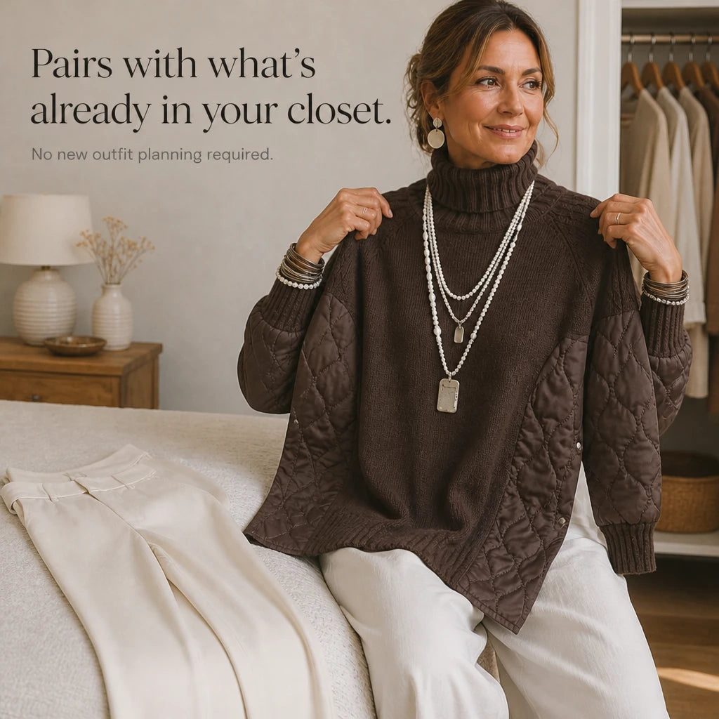 Women's Quilted Panel Turtleneck Pullover - Relaxed Fit
