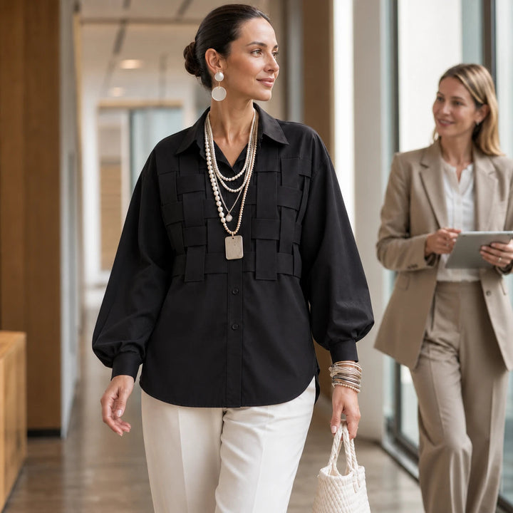 Women's Raised Woven-Check Long-Sleeve Blouse - Relaxed Fit