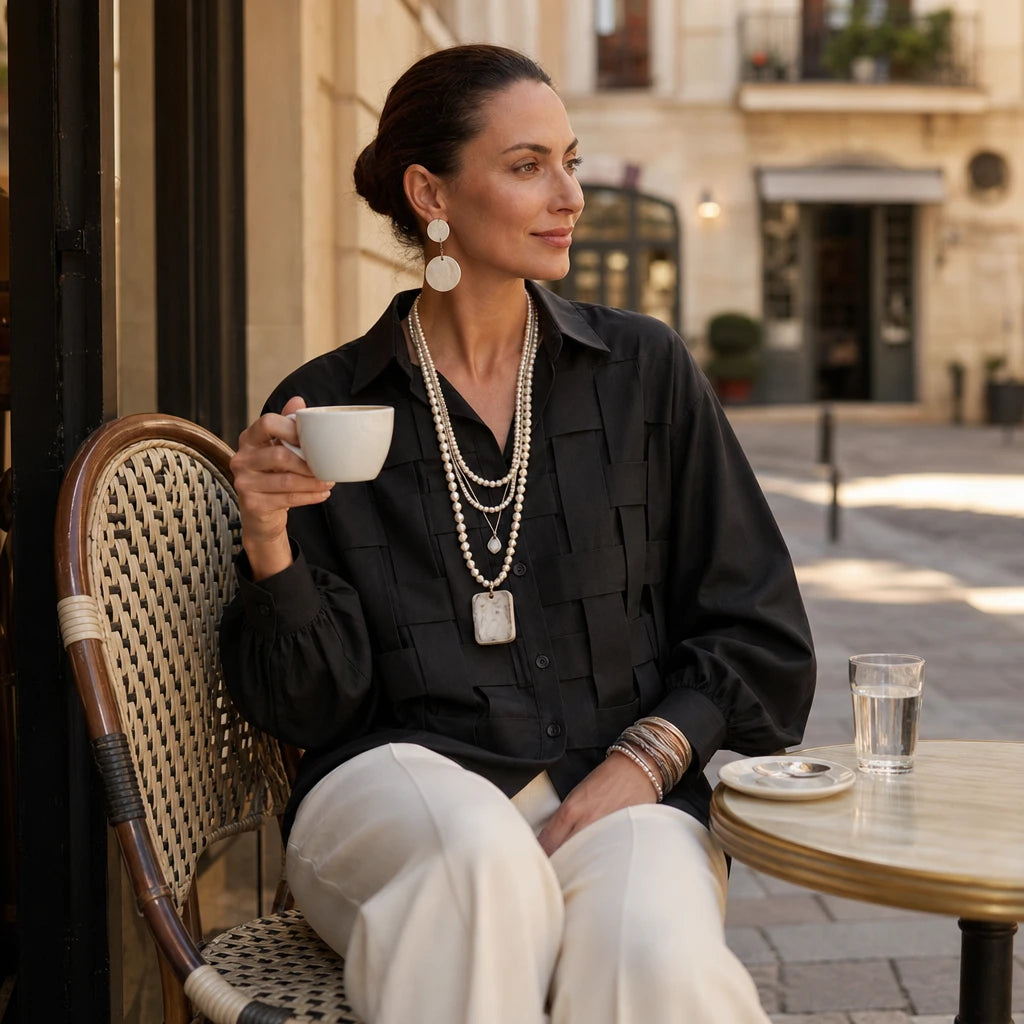 Women's Raised Woven-Check Long-Sleeve Blouse - Relaxed Fit