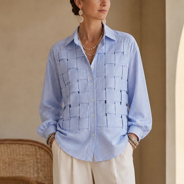 Women's Raised Woven-Check Long-Sleeve Blouse in light blue, Relaxed Fit