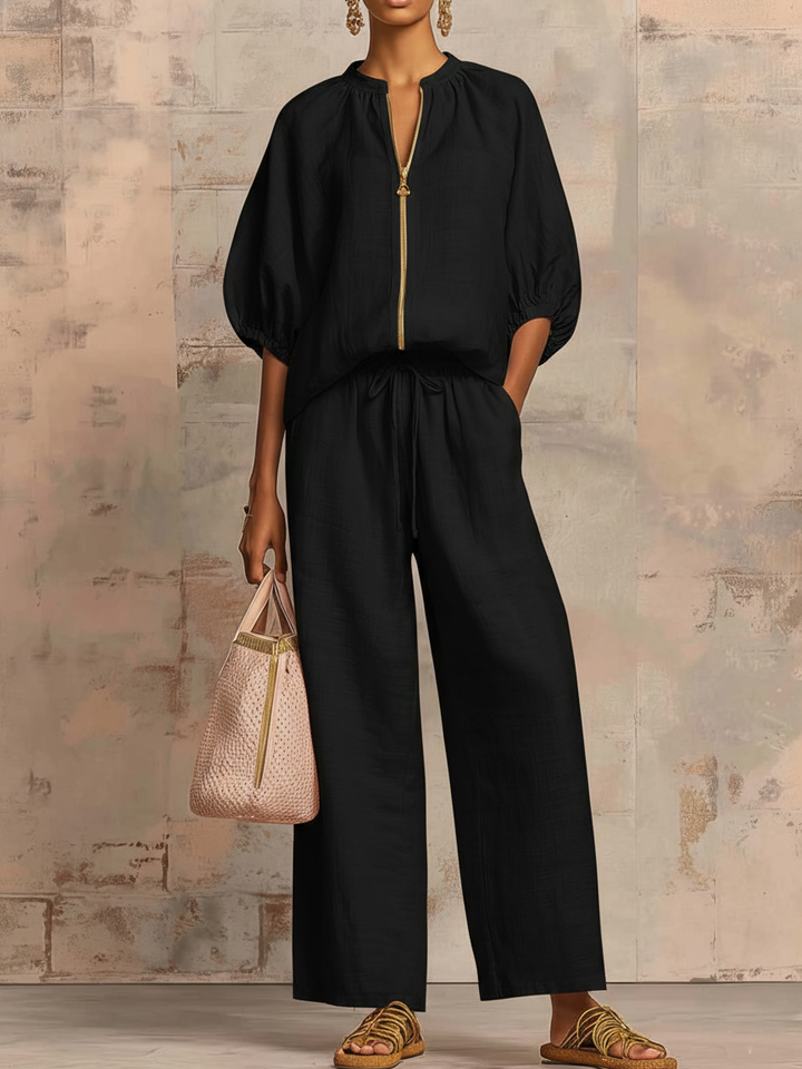 Women's Relaxed Button-Up Shirt and Wide-Leg Pants Set - Black