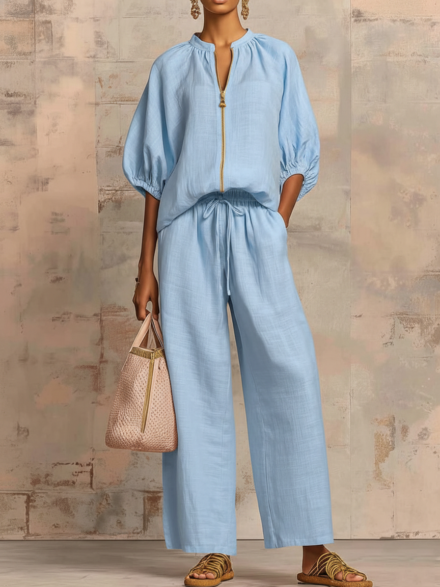 Women's Relaxed Button-Up Shirt and Wide-Leg Pants Set - Blue