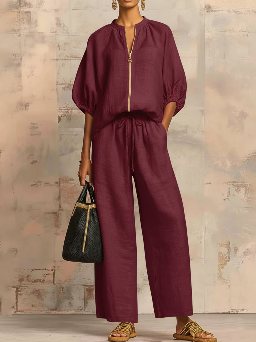 Women's Relaxed Button-Up Shirt and Wide-Leg Pants Set - Burgundy