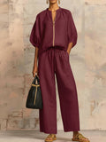 Women's Relaxed Zip-Up Shirt and Wide-Leg Pants Set