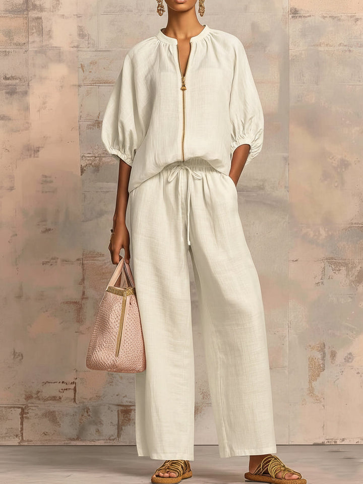 Women's Relaxed Button-Up Shirt and Wide-Leg Pants Set - Cream