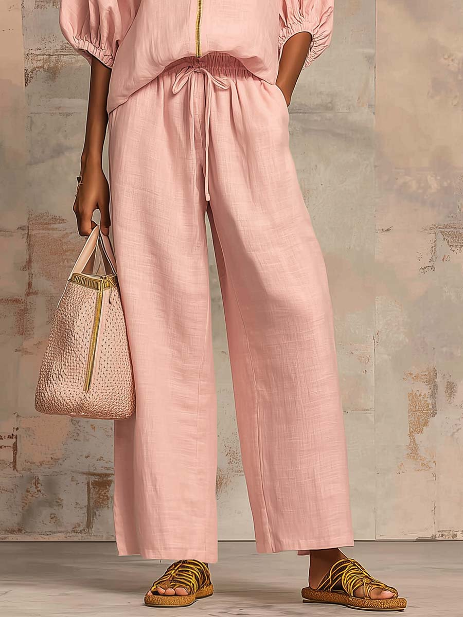 Women's Relaxed Button-Up Shirt and Wide-Leg Pants Set
