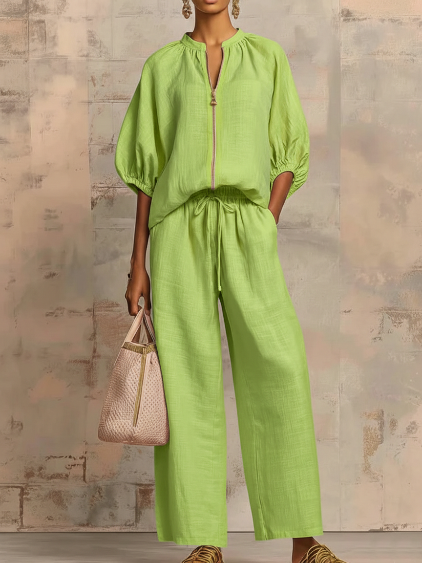 Women's Relaxed Button-Up Shirt and Wide-Leg Pants Set - Green