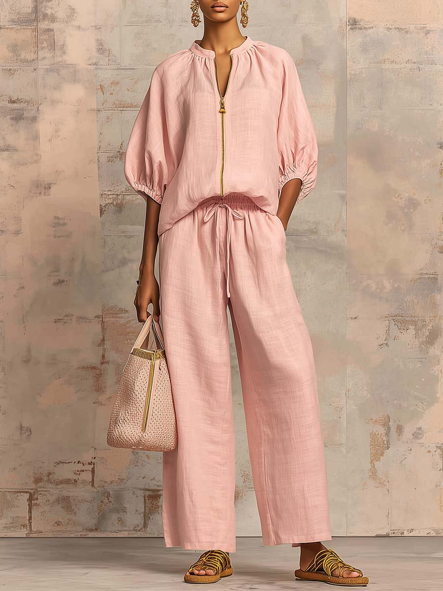 Women's Relaxed Button-Up Shirt and Wide-Leg Pants Set - Pink