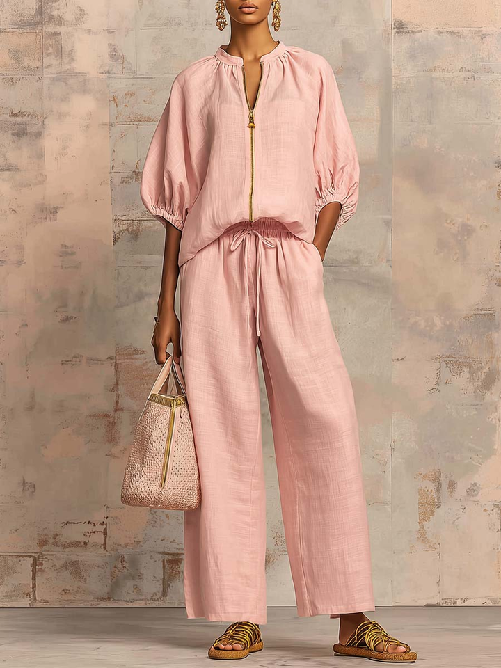 Women's Relaxed Button-Up Shirt and Wide-Leg Pants Set - Pink