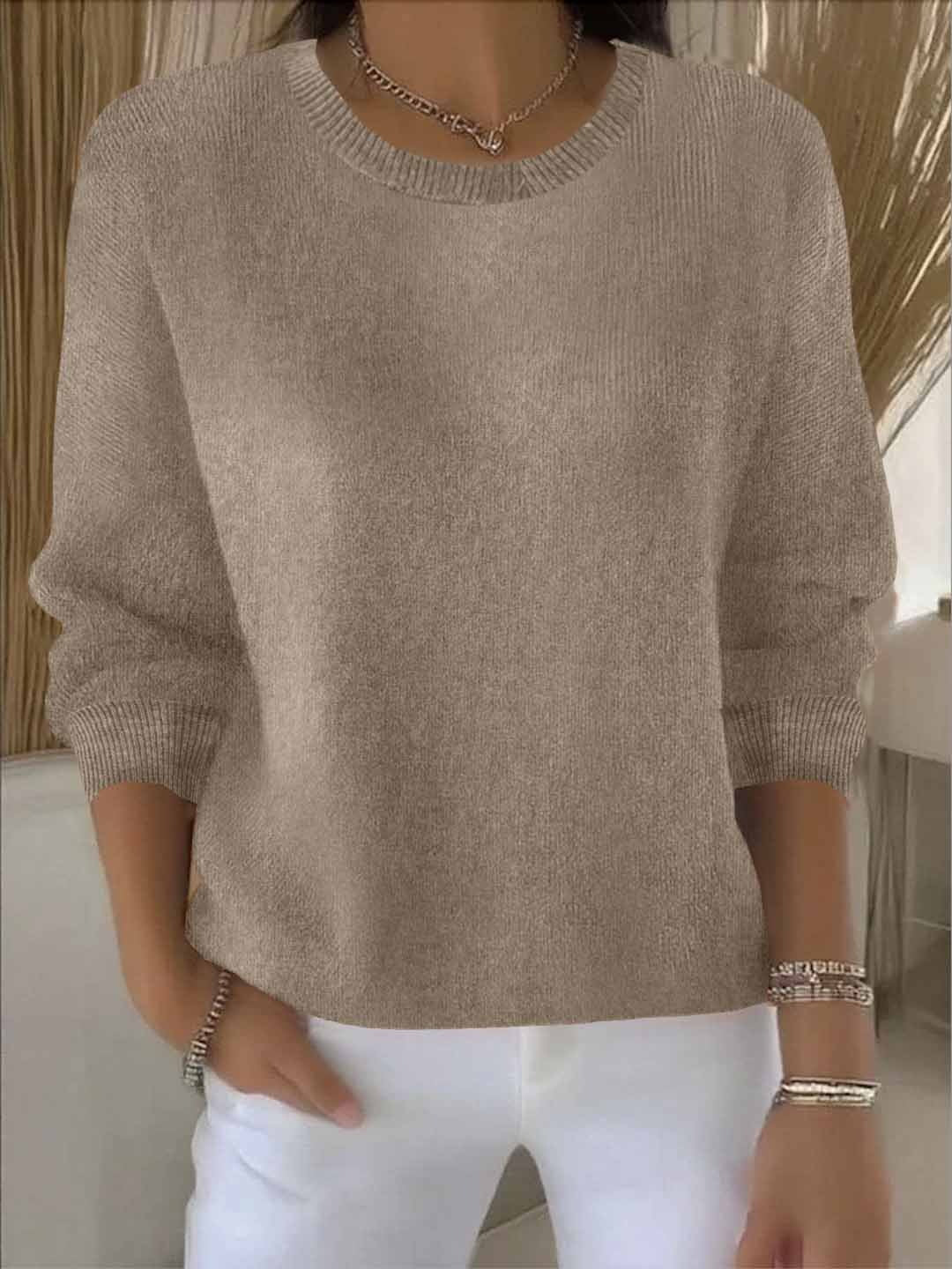 Women's Relaxed Everyday Sweater in khaki, Soft Knit Round Neck