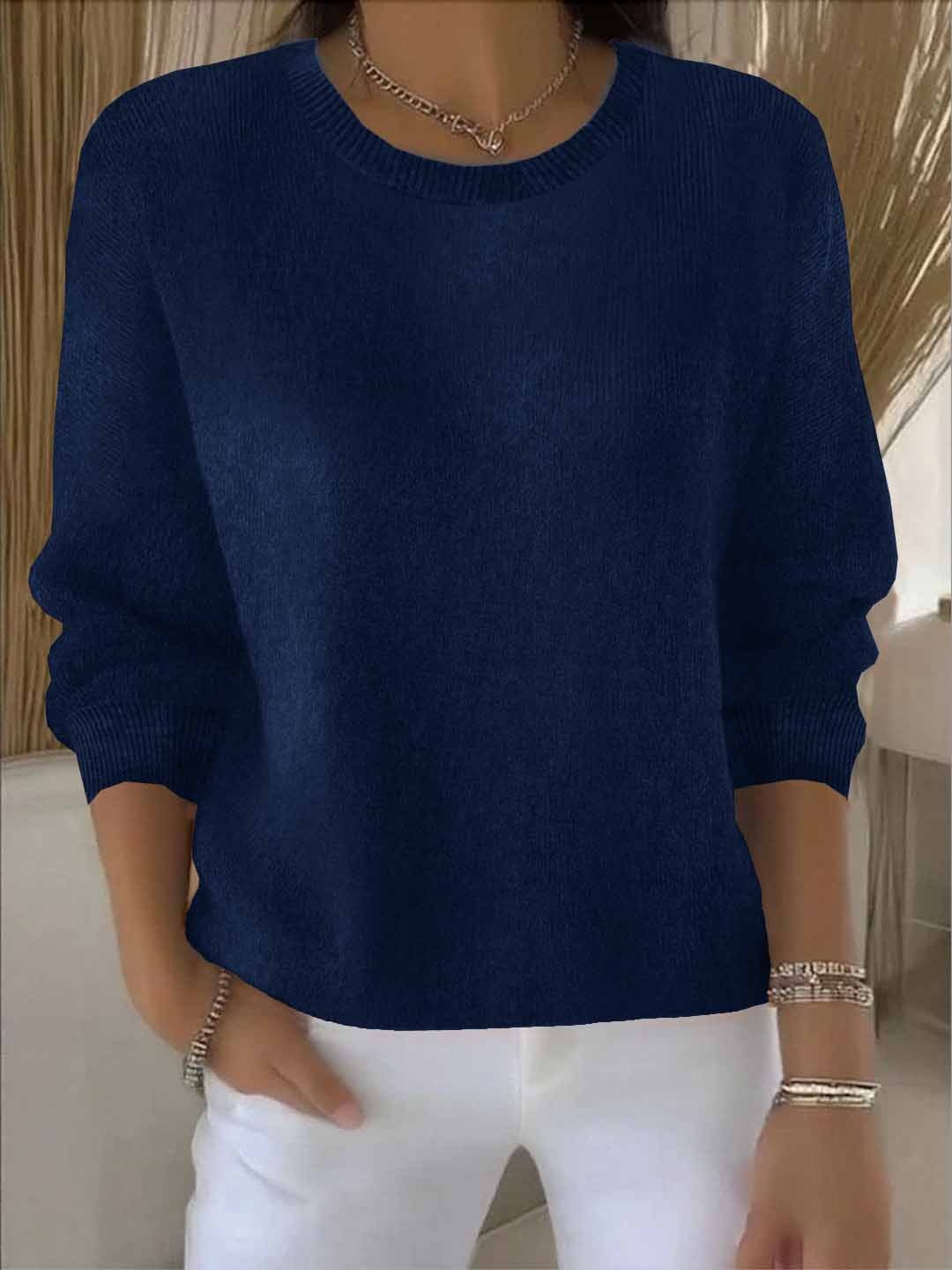 Women's Relaxed Everyday Sweater in navy, Soft Knit Round Neck