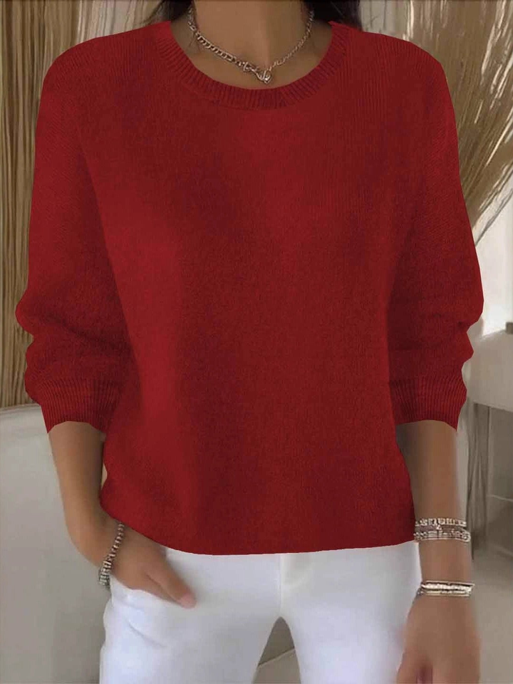 Women's Relaxed Everyday Sweater in red, Soft Knit Round Neck