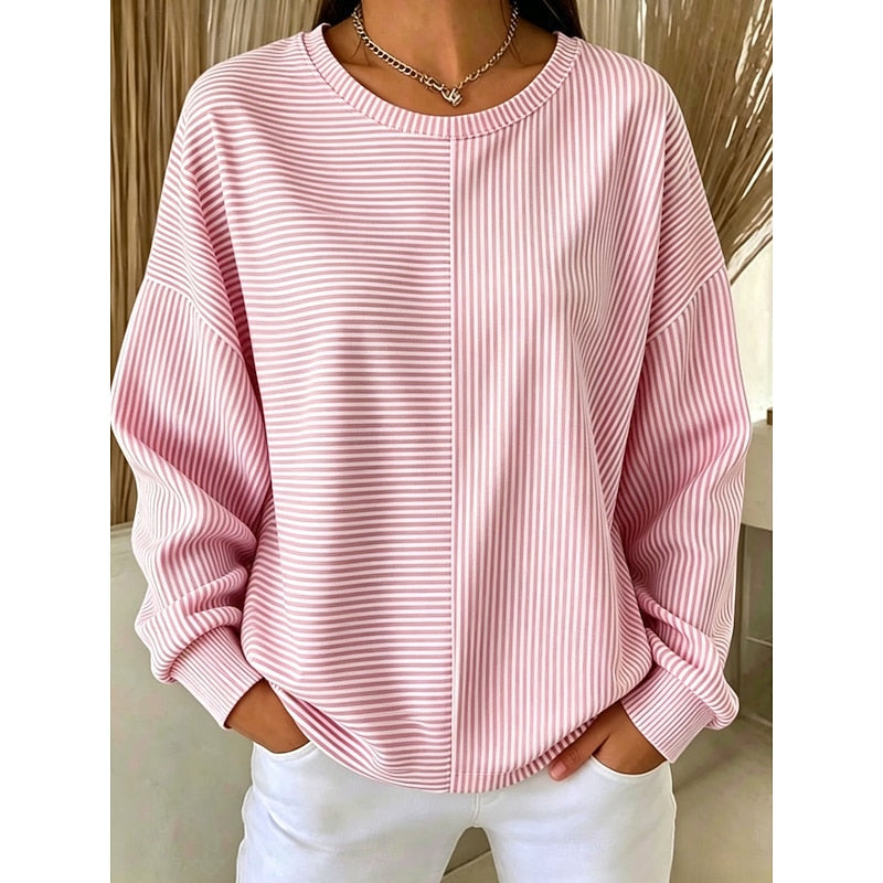 Women's Relaxed Striped Sweatshirt in pink, Crew Neck