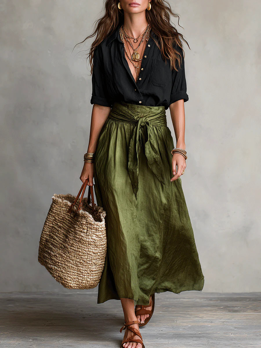 Women's Relaxed Two-Piece Set in black green, Shirt & Midi Skirt