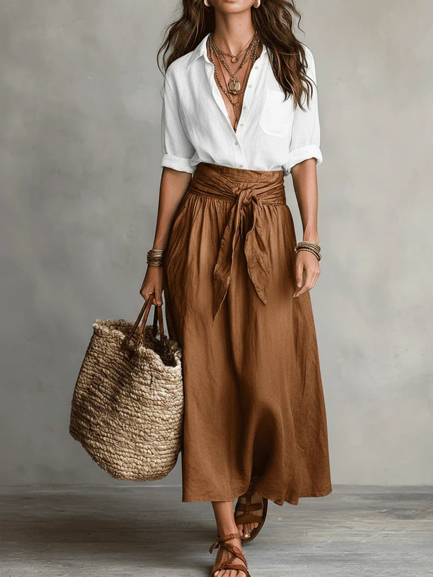 Women's Relaxed Two-Piece Set in brown, Shirt & Midi Skirt