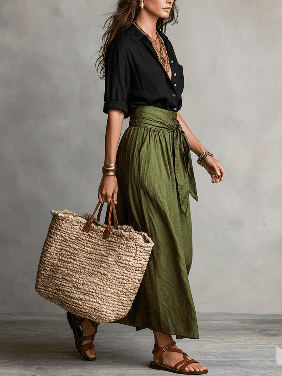Women's Relaxed Two-Piece Set - Shirt & Midi Skirt