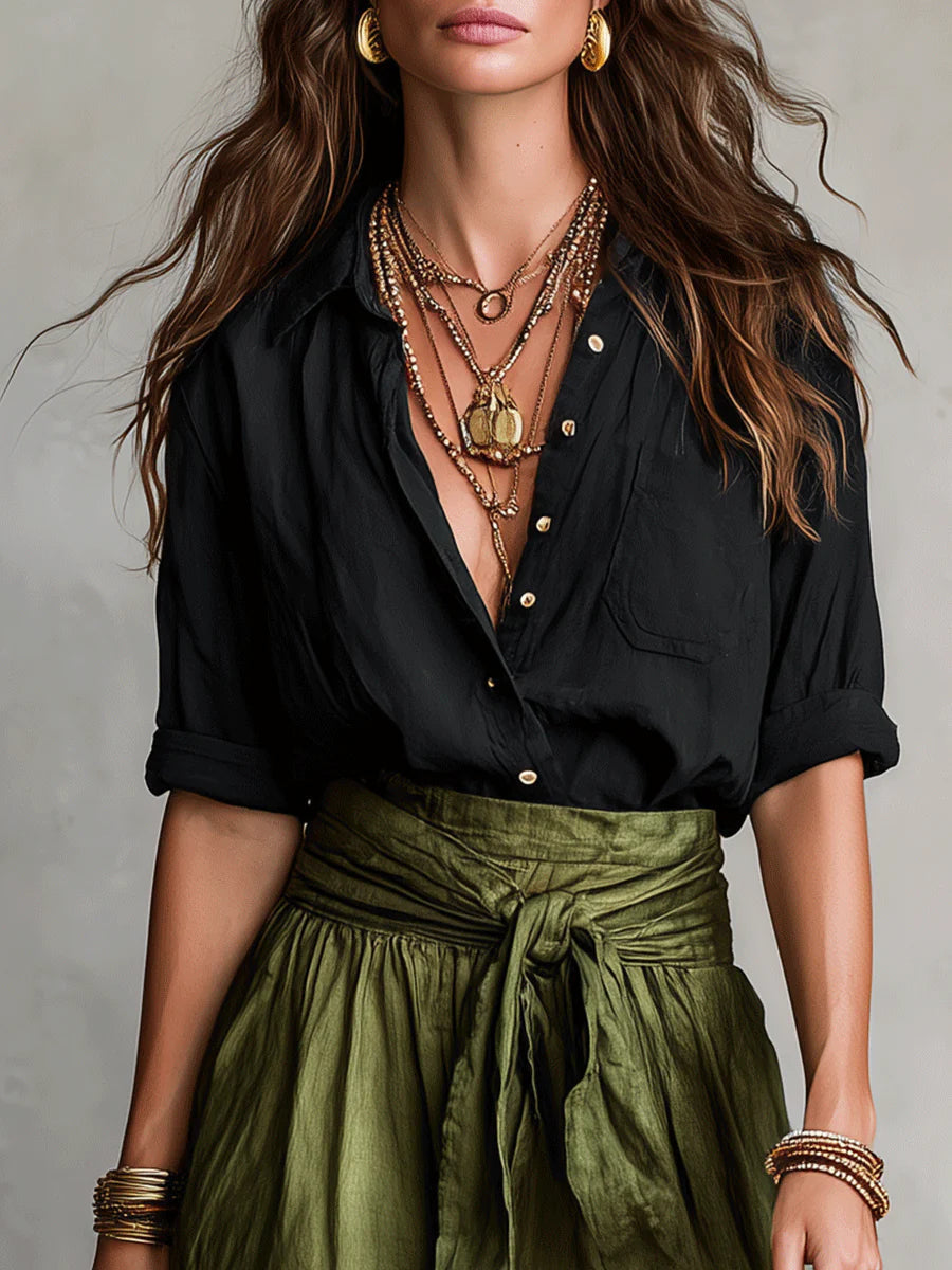 Women's Relaxed Two-Piece Set - Shirt & Midi Skirt