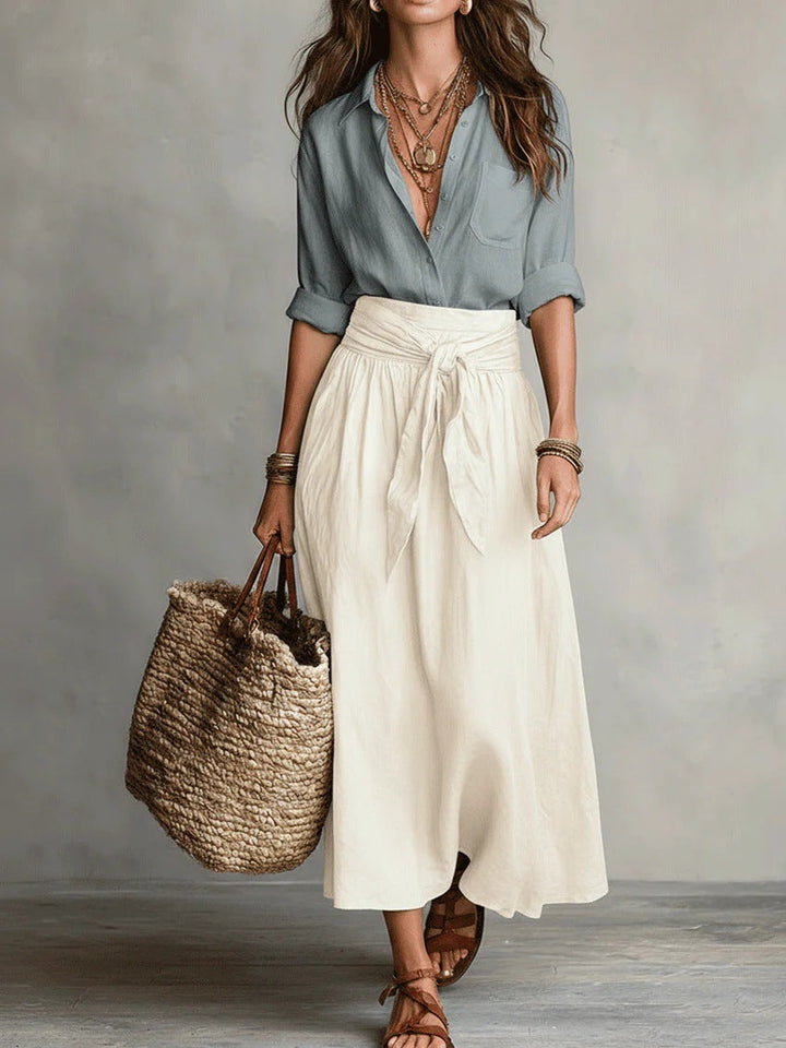 Women's Relaxed Two-Piece Set in light blue, Shirt & Midi Skirt