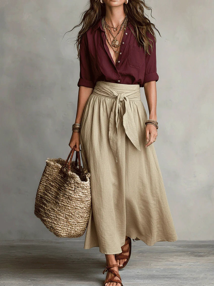 Women's Relaxed Two-Piece Set in red, Shirt & Midi Skirt