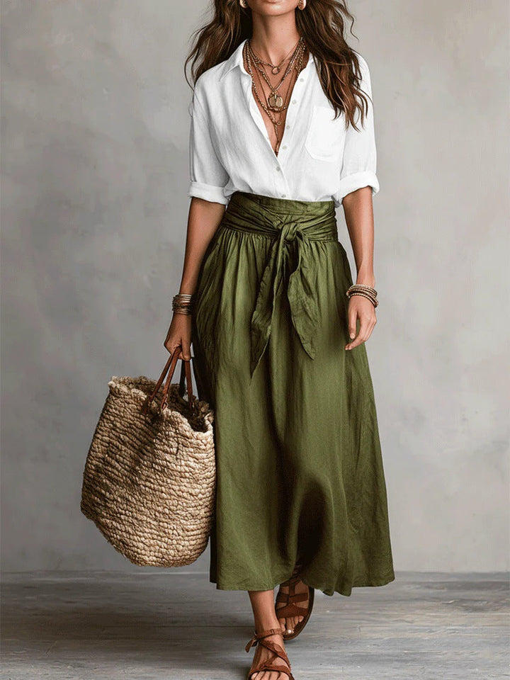Women's Relaxed Two-Piece Set in white, Shirt & Midi Skirt
