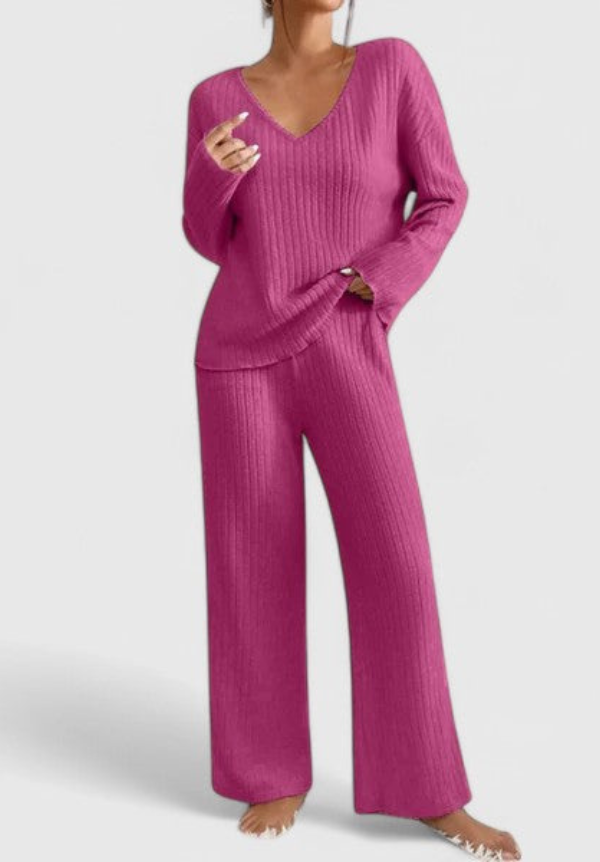 Women's Relaxed V-Neck Sweater & Wide-Leg Pants Set - Comfortable Loun - Pink